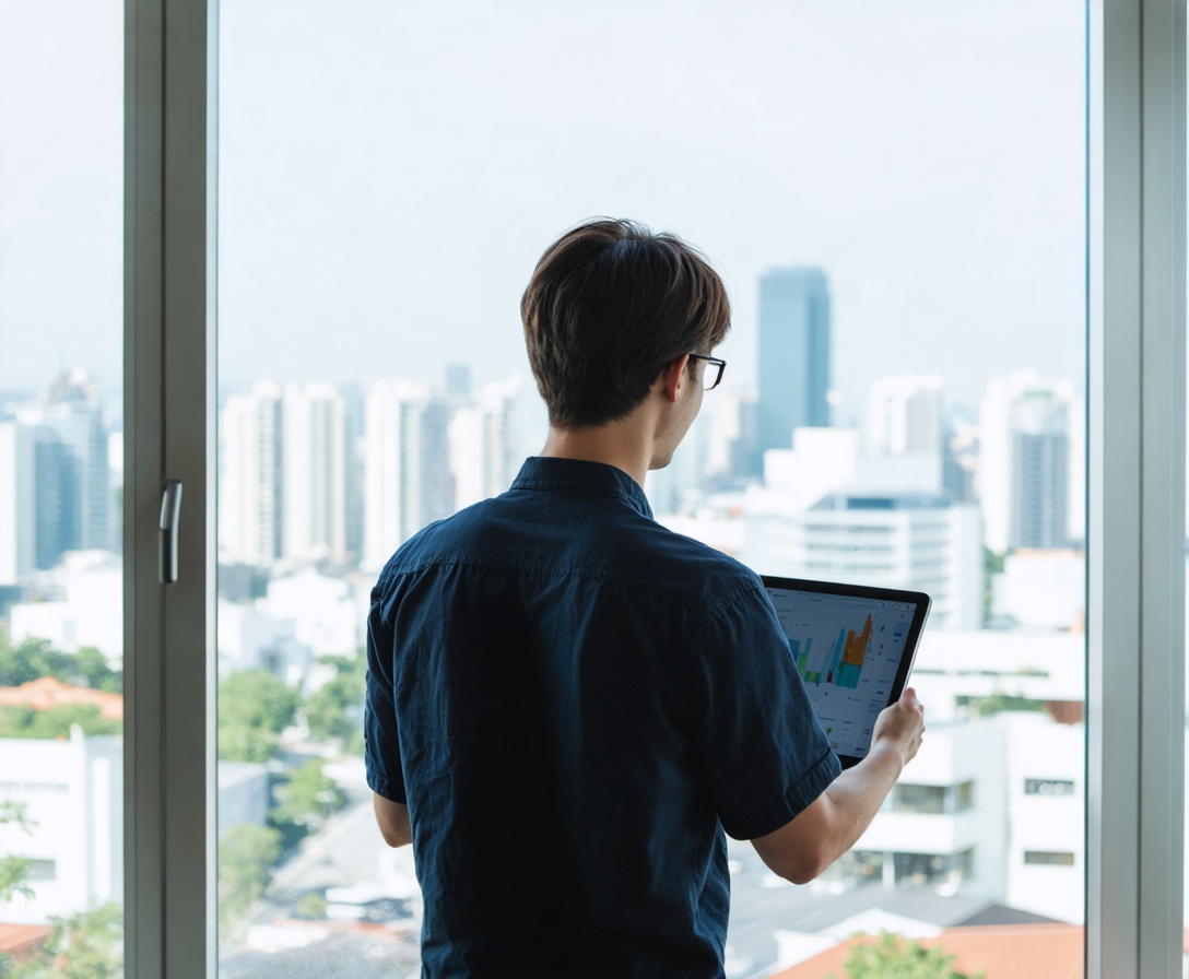 Person holding tablet overlooking city